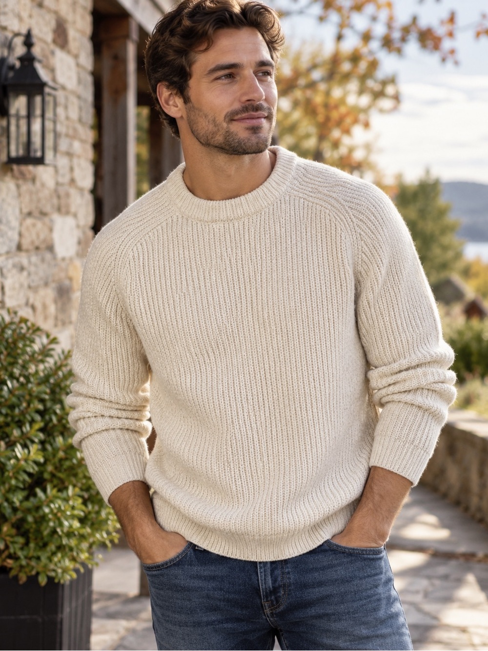 Lands’ End Men’s Cream Wool Blend Ribbed Crewneck Sweater Size L 42-44